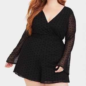 TORRID BLACK SWISS DOT BELL SLEEVE ROMPER